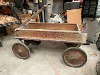 Old Vintage Solid Oak Janesville Full Size Ball Bearing Wagon