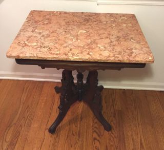 Antique Victorian Pink Marble Top Table Detailing On Wood Frame