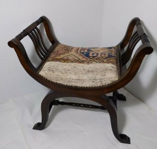 Antique Edwardian Vanity Dressing Stool Art Nouveau Victorian X - Frame Chair