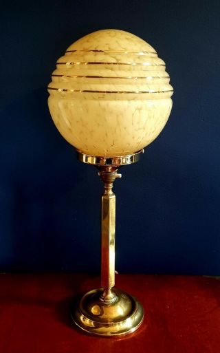1930s Art Deco Table / Desk Lamp.  Iconic Brass Stem.  Glass Globe Shade