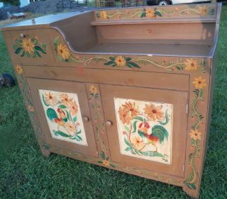 Primitive Paint Decorated Dry Sink Cabinet Bar Rooster 1948 Berwyn Pa Kitchen Is