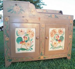 Primitive Paint Decorated Dry Sink Cabinet Bar Rooster 1948 Berwyn PA Kitchen Is 2