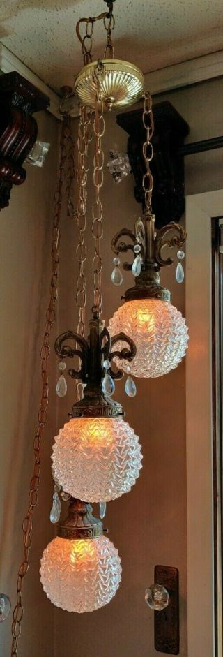 Vintage Antique Hanging 3 Fixture Swag With Glass Globes And Crystals