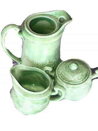 Vintage Pottery Tea Set Teapot Creamer Sugar Green