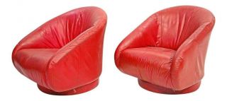 Pair 2 Red Leather Lounge Chairs Barrel Back Armchair Mid Century Modern Club