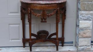 Early 20 C.  Half Moon Walnut Carved Console Table With Pink Marble Top