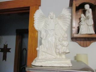 Vintage Ceramic Guardian Angel Statue With Boy And Girl White 10” Tall
