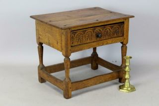 Rare 17th C York Pilgrim Period Joint Stool With A Rare Carved Bible Drawer