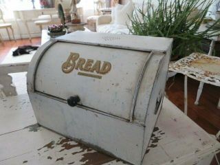Fabulous Old Vintage Metal Bread Box White Gold Lettering Door Slides Up