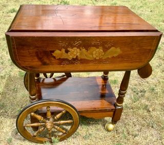 Vintage Rolling Drop Leaf Bar Tea Cart Serving Trolley Wood Wooden Mid Century