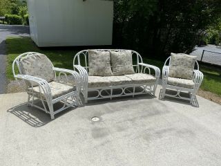 Antique Art Deco 3 Piece Reed Rattan Wicker Couch 2 Chairs