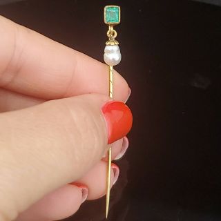 Antique Emerald Baroque Pearl Drop 14k Yellow Gold Stick Pin Estate Vintage Gift