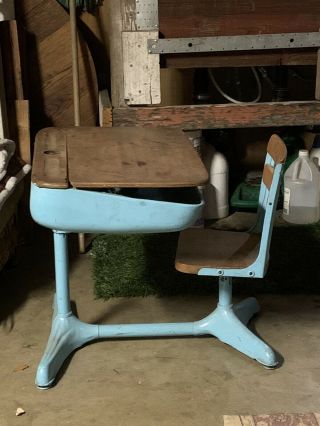 Vintage 1960s Child School Desk Attached Chair Wood Metal Blue Adjustable Height