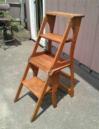 Antique Maple Fold Up Library Kitchen Ladder And Chair 1960s