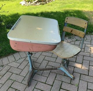 Antique Vintage Wood Metal Child’s School Desk Attached Chair