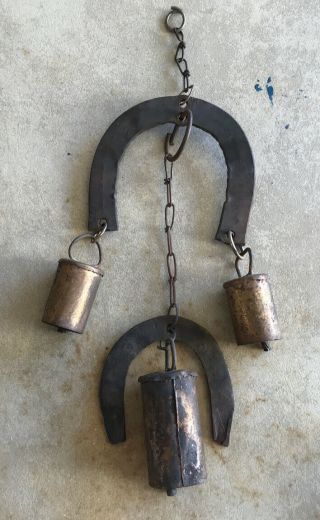 Vintage Hand Forged Rustic Metal Bells Primitive Wind Chime Old Cow Bell 14 " L.