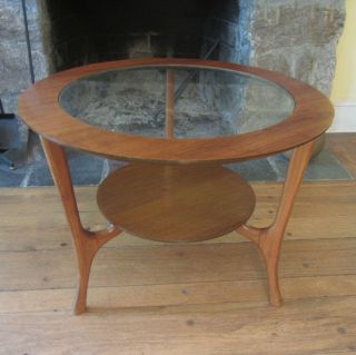 Mid Century Modern Walnut & Glass Round Two Tier Occasional Side Coffee Table