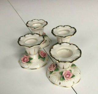 Vintage German Porcelain Rose Candle Holders Hand - Painted W/ Gilt Trim Set Of 4