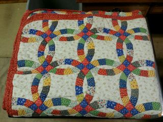 Vintage Double Wedding Ring Quilt,  88x108 King Size Bedspread In