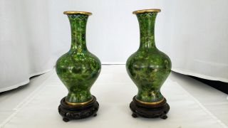 Vintage Chinese Cloisonne Vases With Stands Green Color