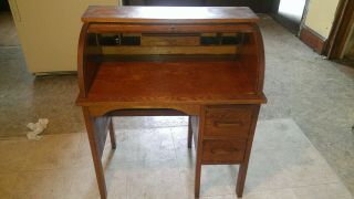 Antique Child Size Oak Roll Top Desk With Chair