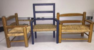 Set 3 Doll Chairs Miniature Furniture,  Shelf Wood Frame Rush Seat Ladder Back