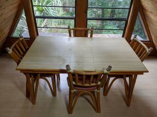 Vintage Mid - Century Modern Bamboo & Rattan Dining Set,  Table/4 Chairs/leaf,  1962