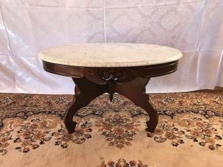 Antique Victorian Coffee Sofa Lamp Accent Parlor Table Carved Wood Marble Top