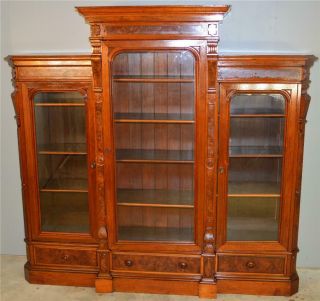 18675 Victorian Triple Door Burl Walnut Bookcase