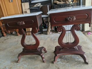 Set Of Two Victorian Style Mahogany & Marble Lyre Harp 1 - Drawer Side Table