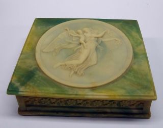 Incolay Stone Angel & Cherub Vintage Large Jewelry Box Green & Cream