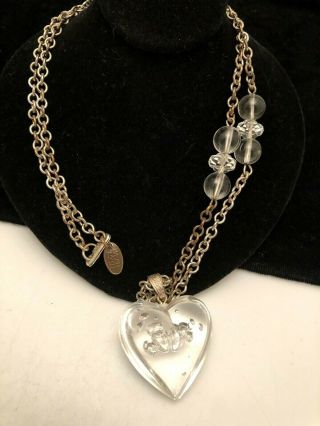 Rare Vintage Signed Miriam Haskell Clear Lucite Heart Pendant 28 " Necklace A8