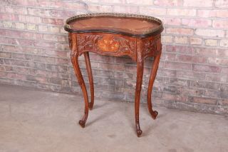 French Carved Louis Xv Inlaid Mahogany Kidney Shape Nightstand Or Side Table