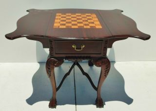 Vintage Solid Mahogany Carved Inlaid Wood Drop Leaf Chess Game Table 2 Drawers