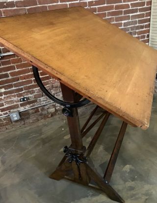 Antique Hamilton Cranking Drafting Table Industrial Desk - Wood And Cast Iron