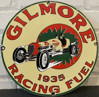 Vintage Gilmore Racing Fuel Porcelain Sign Pump Plate Motor Oil Gas Station 1935