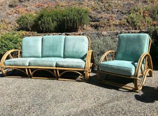 Vintage,  Modern,  Mid Century,  2 Piece Bamboo Furniture,  Sofa and Chair Set 2
