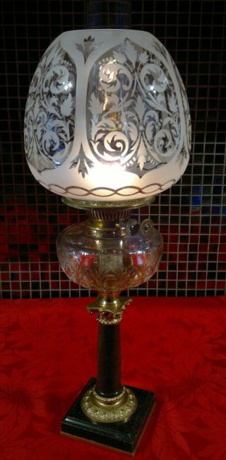 Victorian Oil Lamp Marble Base Cut Glass Font Duplex Burner 22.  5 " Tall