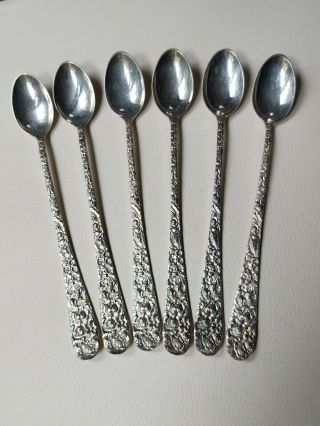 Set Of Six (6) Vtg Sterling Silver 925s Repousse Rose Stieff Ice Tea Spoons 230g