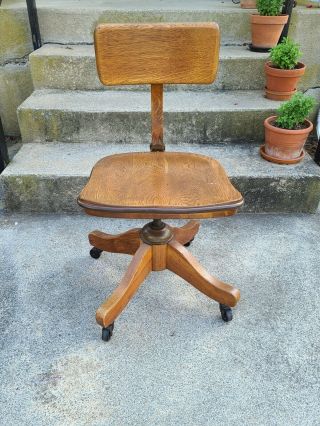 Vintage Antique Oak Office Chair Wood Swivel Banker Desk Lawyer Industrial Old