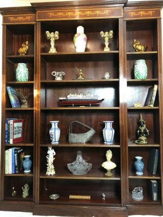 1 Large Regency Sheraton Style Inlaid Mahogany Open Breakfront Office Bookcase