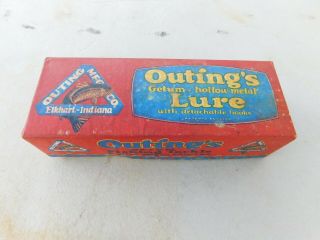 Rare 1927 Heddon Outing Getum Hallow Metal Lure With Marked Box & Outing’s Paper