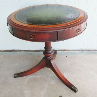Ferguson Bros Regency Style Inlaid Mahogany Drum Coffee Table,  Green Leather Top
