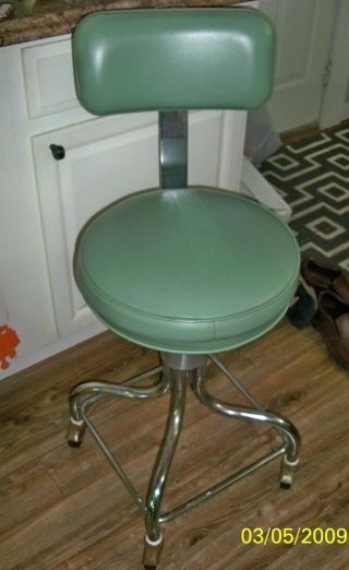 Vintage Toledo ? Drafting Chair Stool Chrome & Green Vinyl Adjustable W/ Wheels