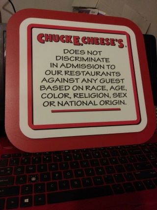 Chuck E Cheese Vintage No Discrimination Sign Showbiz Pizza Place Rare