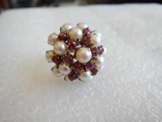 Vintage 14k Yellow Gold Pearl & Ruby Cluster Size 6 3/4 Ring 8.  61 Grams