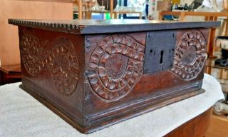 A Fabulous Late 17th Century 6 - Plank Carved Oak Bible/deed Box