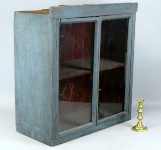 Great 19th C Table Top 2 Glass Door Cupboard In Grungy Old Blue Paint Over Red