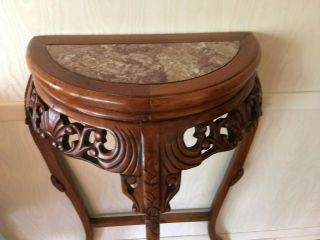 Vtg Half Circle Table Solid Wood Marble Top Insert French Style Entry Stand Preo