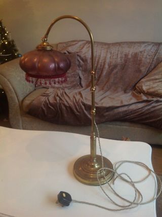 Antique French Brass Adjustable Table Desk Lamp & Amethyst Etched Glass Shade